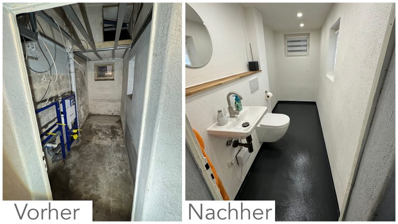 Vorher: Kellerraum mit Rohren. Nachher: Modernes Badezimmer mit Toilette und Waschtisch.
